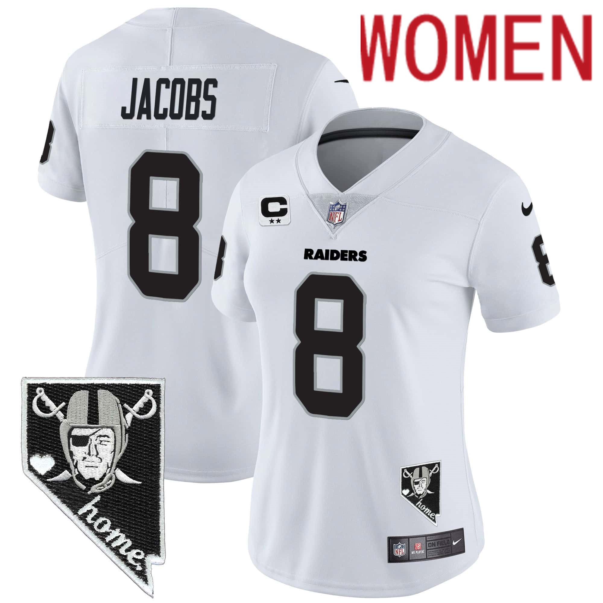 Women Oakland Raiders 8 Jacobs White 2024 Nike Nevada Home Patch Vapor NFL Jersey